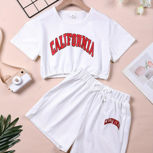 2pcs Girls CALIFORNIA Letter Graphic T Shirts & Bow Track Shorts Set