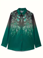 Peacock Print Ombre Button Up Long Sleeve Lapel Collar Shirt Top