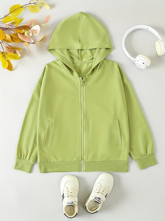 Girl's Solid Zip Up Hoodie Casual Hooded Sweatshirt With Pockets