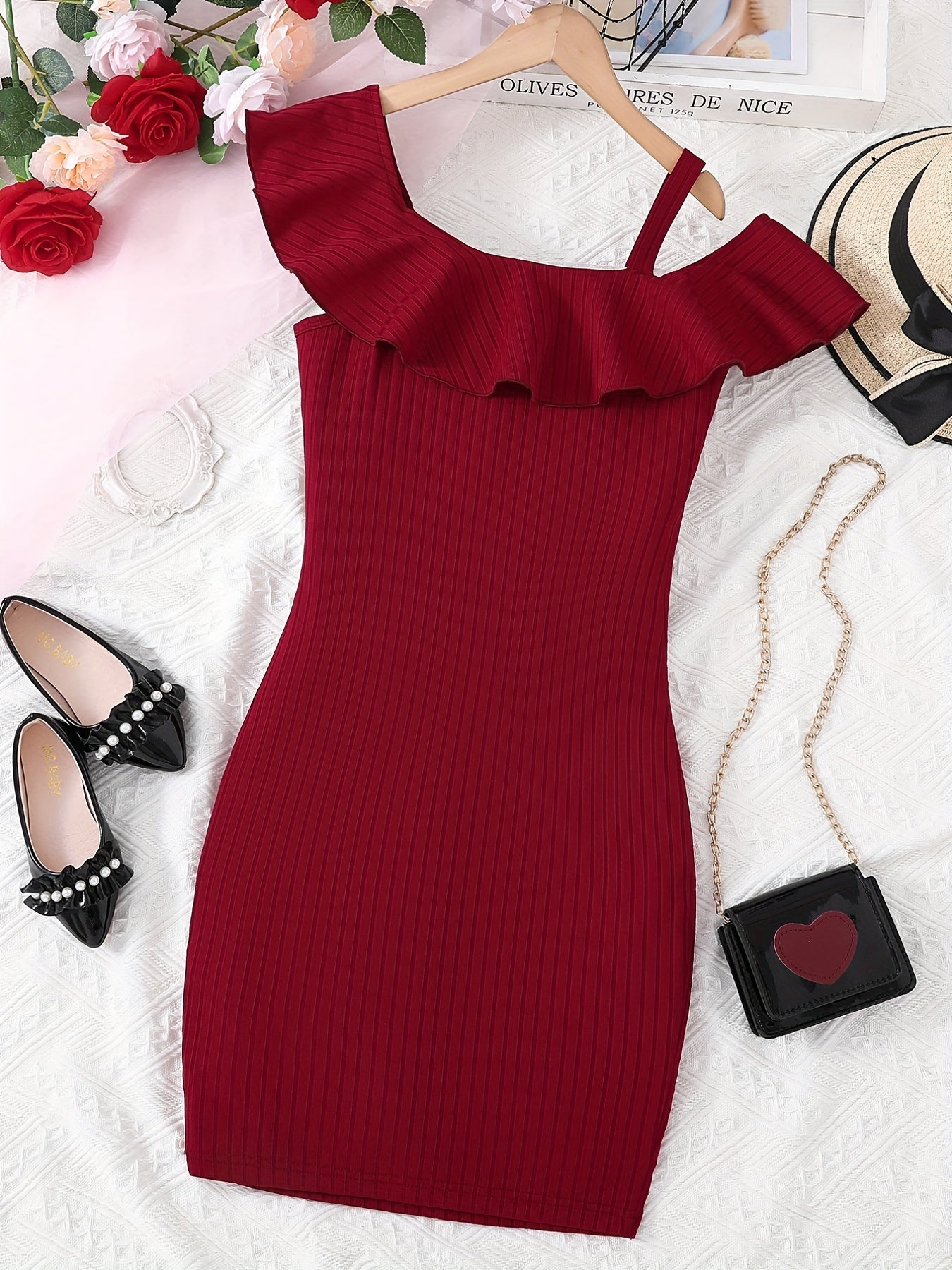 Girls One Shoulder Ruffle Collar Sleeveless Dress