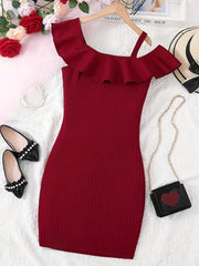 Girls One Shoulder Ruffle Collar Sleeveless Dress