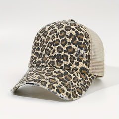 Leopard Print Ponytail Baseball Cap Mesh Trucker Hat
