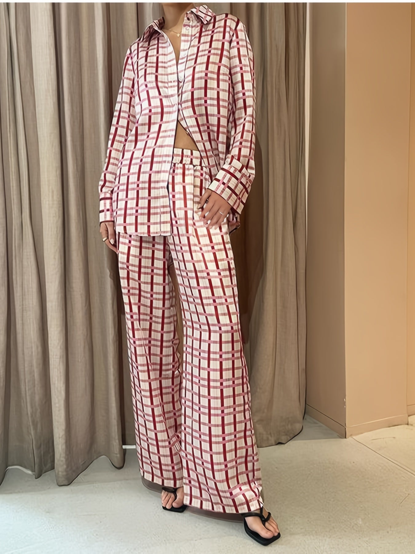 Women's Plus Plaid Button Up Shirt & Wide Leg Pants Set