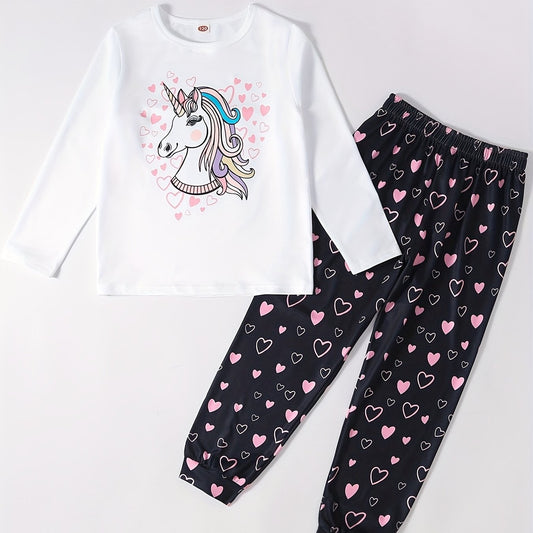 Unicorn Cartoon Long Sleeve Top & Heart Graphic Pants Pj Set