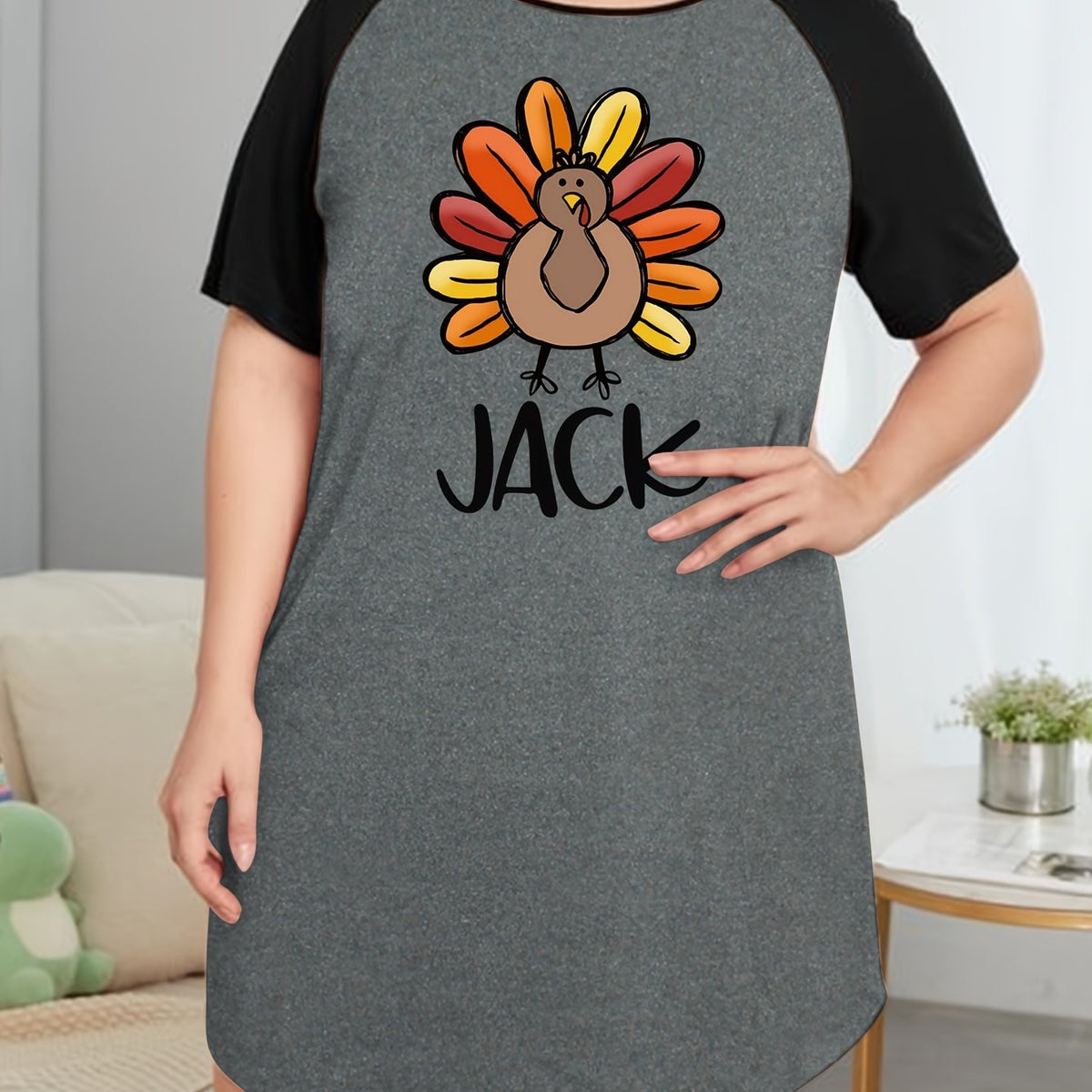  Casual Turkey & Letter Print Raglan Sleeve Tee Sleep Dress