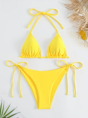 Women's Solid Halter Neck Side Knot Bikini Set Triangle Bottoms