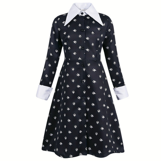 Girls Casual Floral Graphic Print Long Sleeve Button Costume Dress