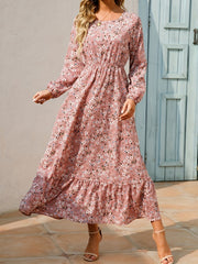 Floral Print Long Sleeve Tiered Dress Crew Neck