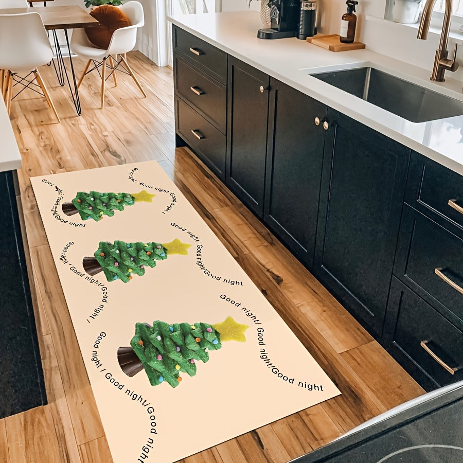 Christmas Tree Print Kitchen Rug Waterproof Non Slip Indoor Carpet