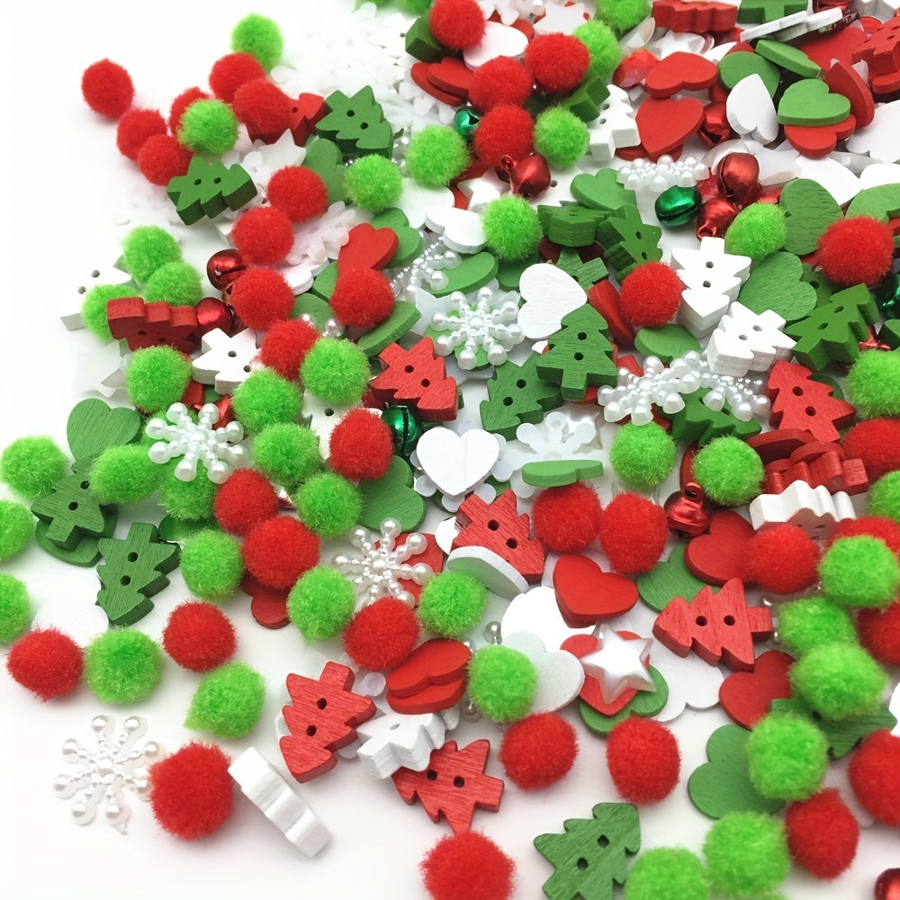 100pcs Christmas Pom Poms Wood Xmas Tree Buttons Jingle Bells DIY