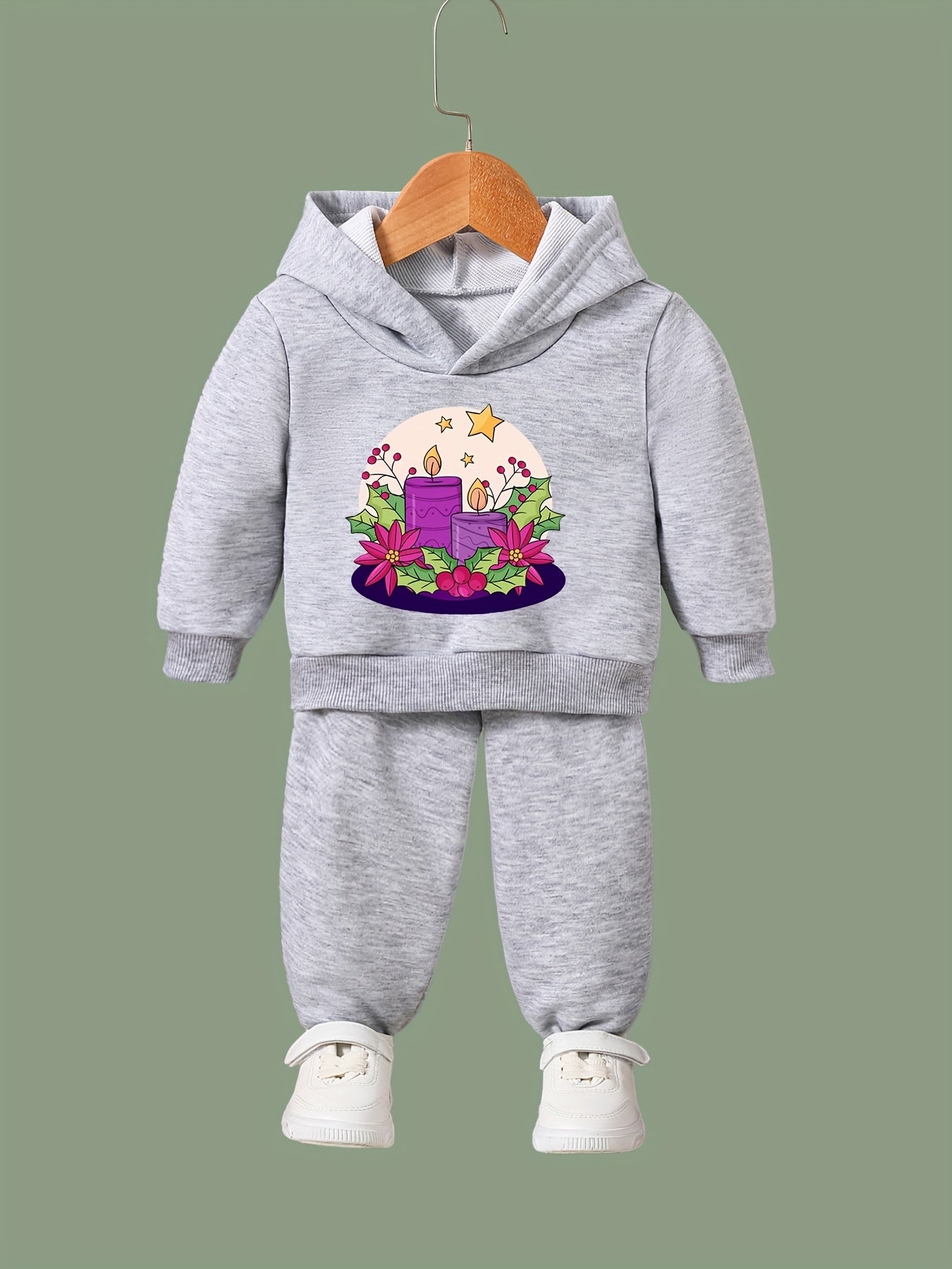Girls 2pc Cartoon Candles Pattern Hooded Sweatshirt and Sweatpants Set