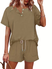  Solid Button Up Short Sleeve Top & Drawstring Shorts Set