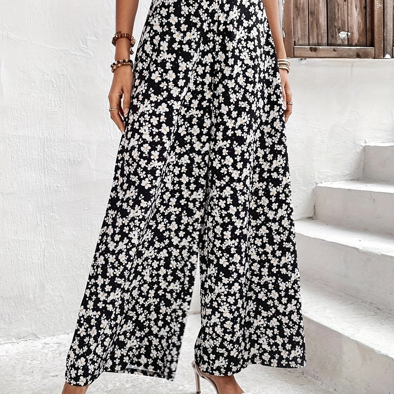 Plus Ditsy Print High Rise Wide Leg Pants