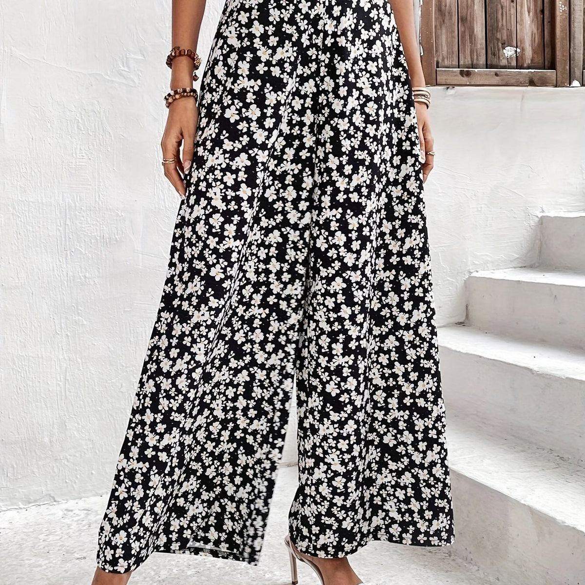 Plus Ditsy Print High Rise Wide Leg Pants