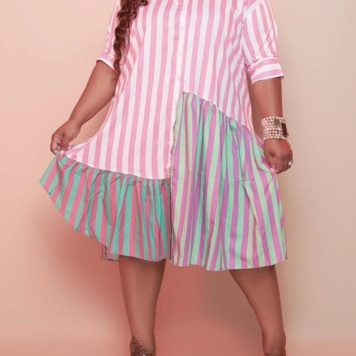  Colorblock Shirt Midi Dress