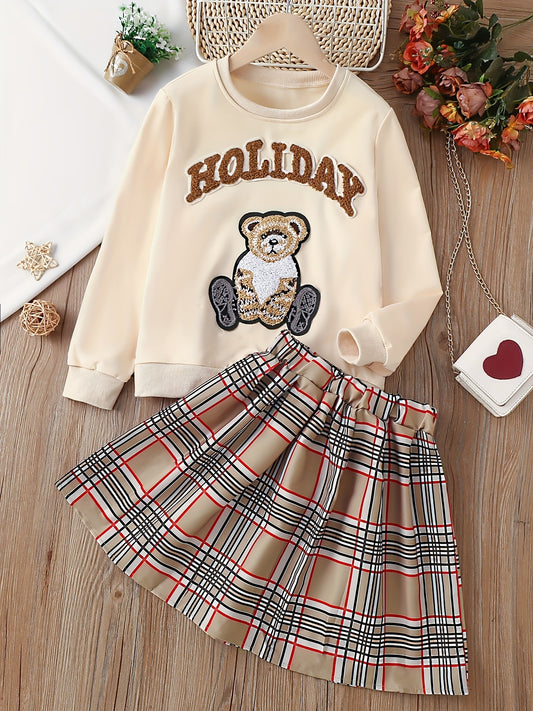 Cartoon Bear Embroidery Sweatshirt & Plaid Skirt Set for Holiday Party