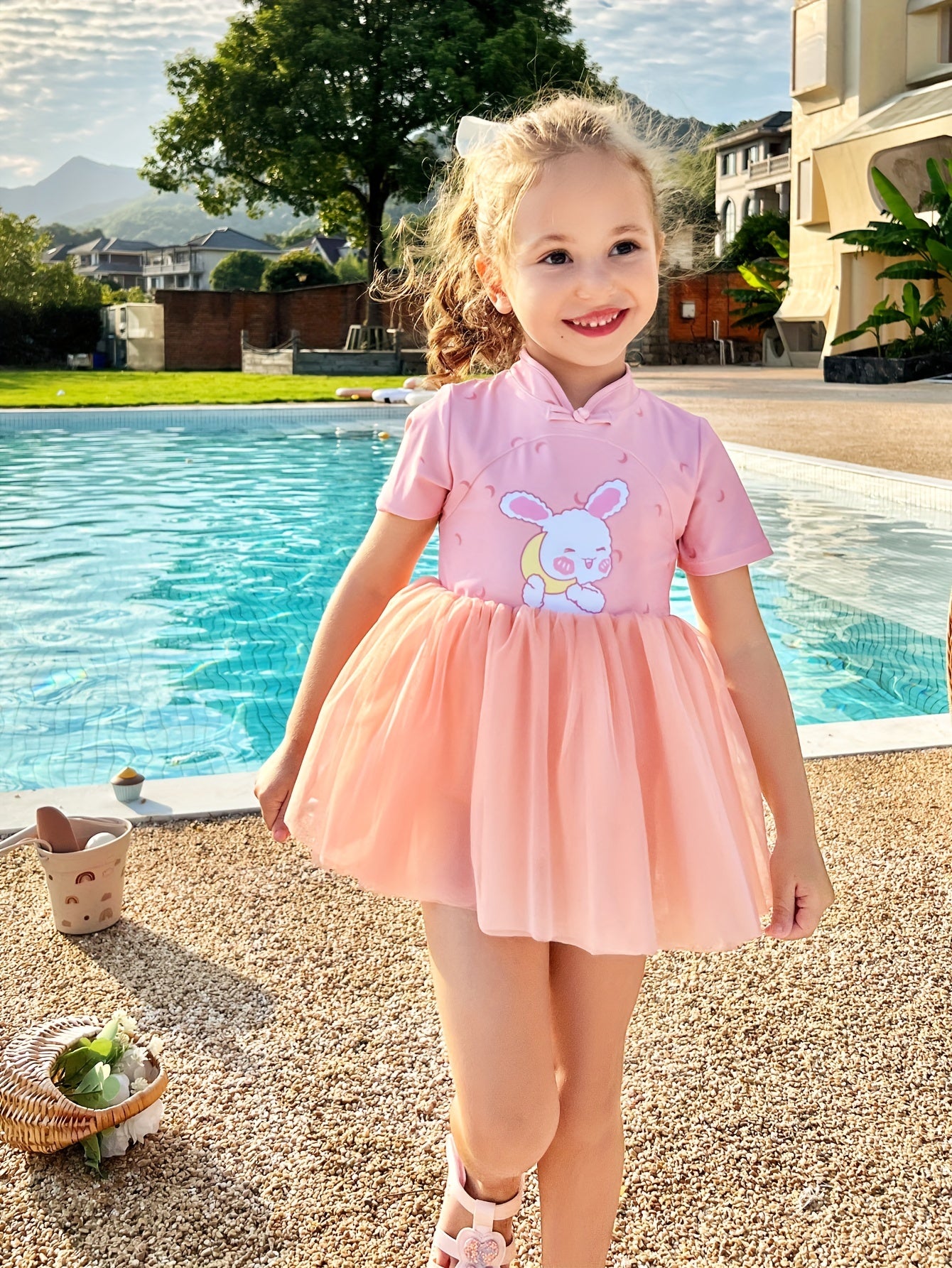 Girls Bunny Print Sun Protection Swimwear Qipao Style Bathing Suit
