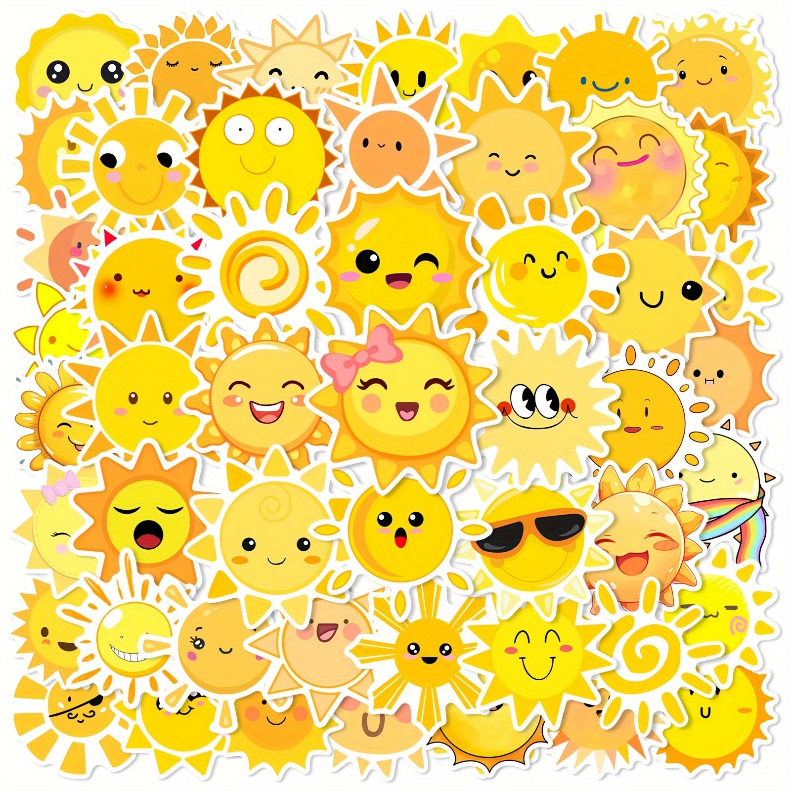50pc Cartoon Sun Vinyl Stickers - Reusable Decals for Laptops, Water Bottles