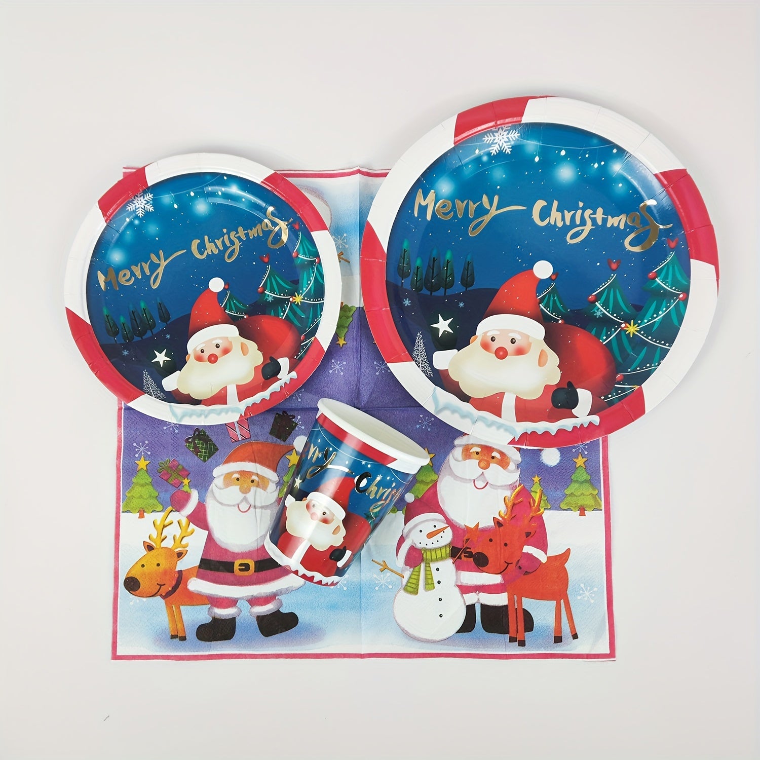 Disposable Christmas Dinnerware Set Paper Plates Napkins Cups Party Decoration