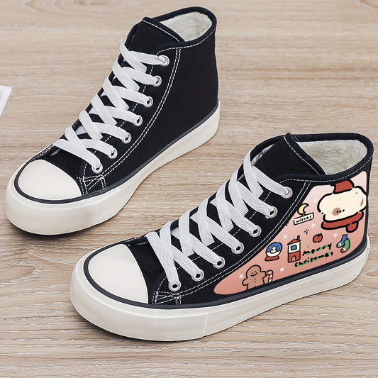 Christmas Cartoon Print Plush Lined Thermal Chunky Canvas Sneakers