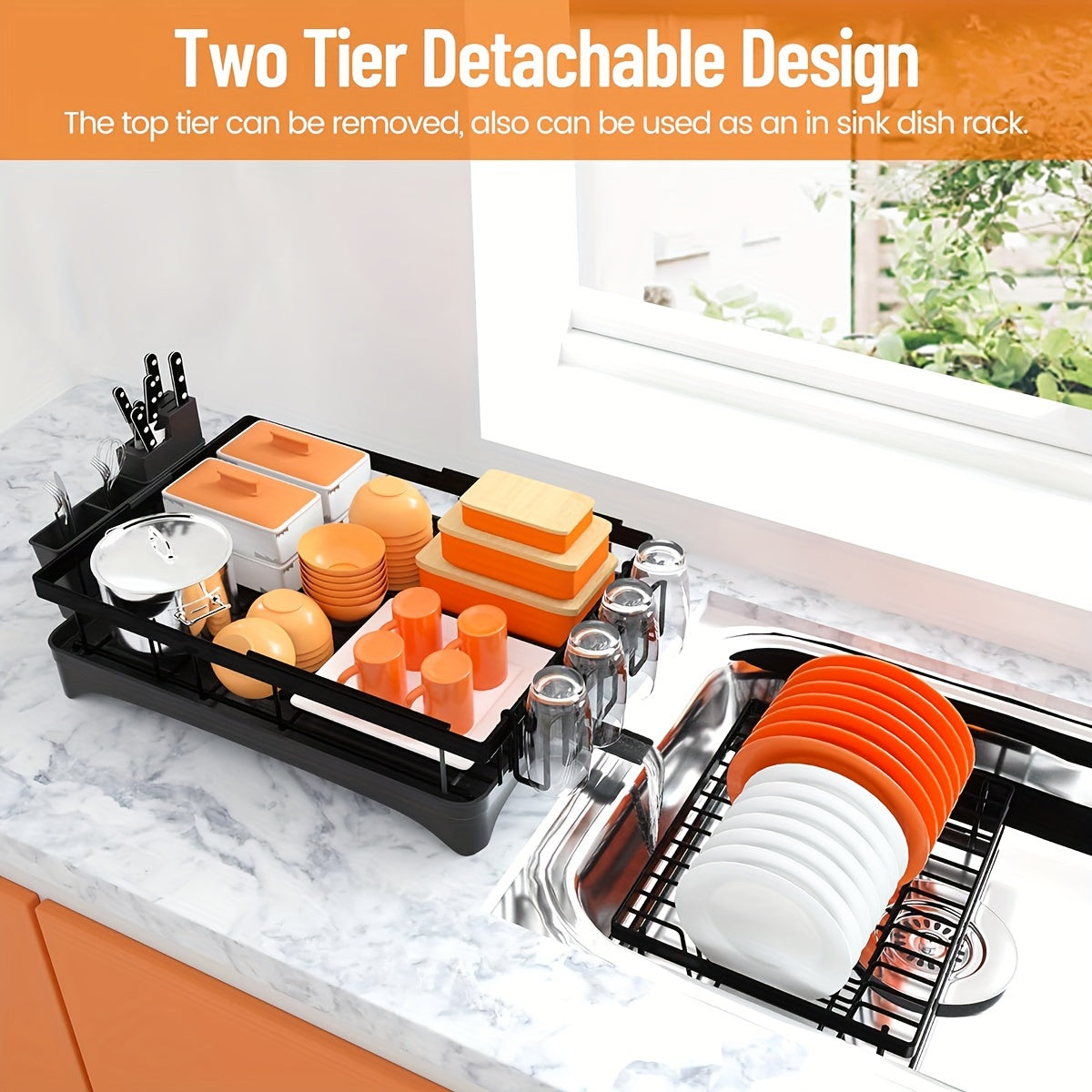 Double Layer Kitchen Draining Rack with Bowl Holder