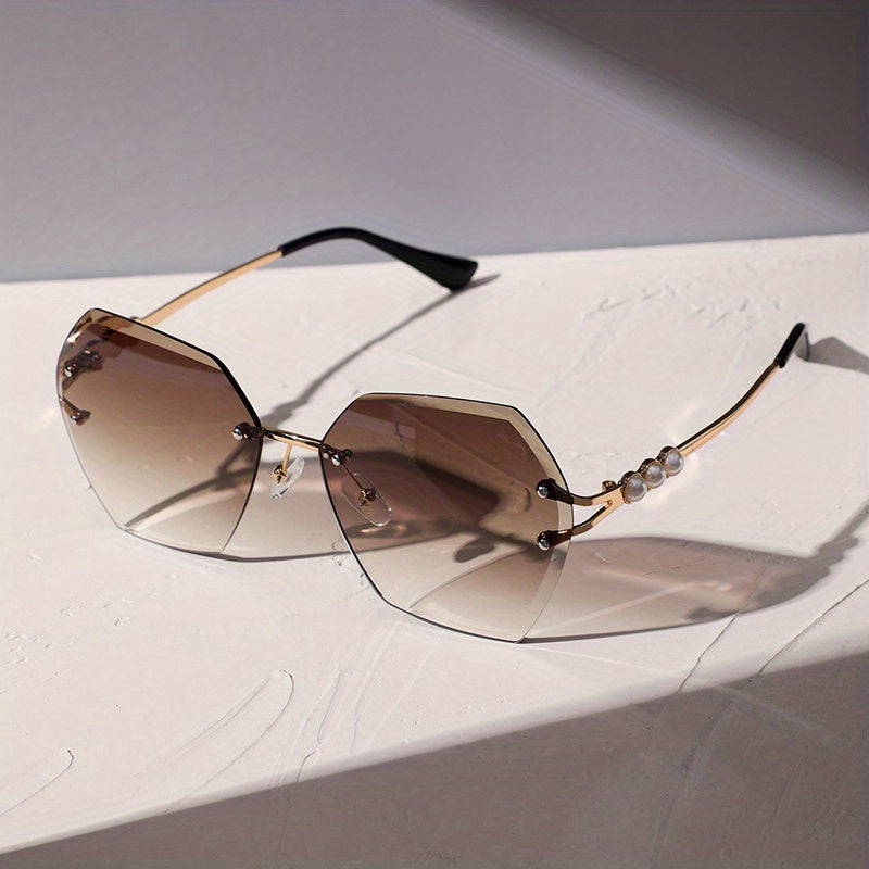 Polygon Sunglasses Women Pearl Rimless UV400 Sun Shades