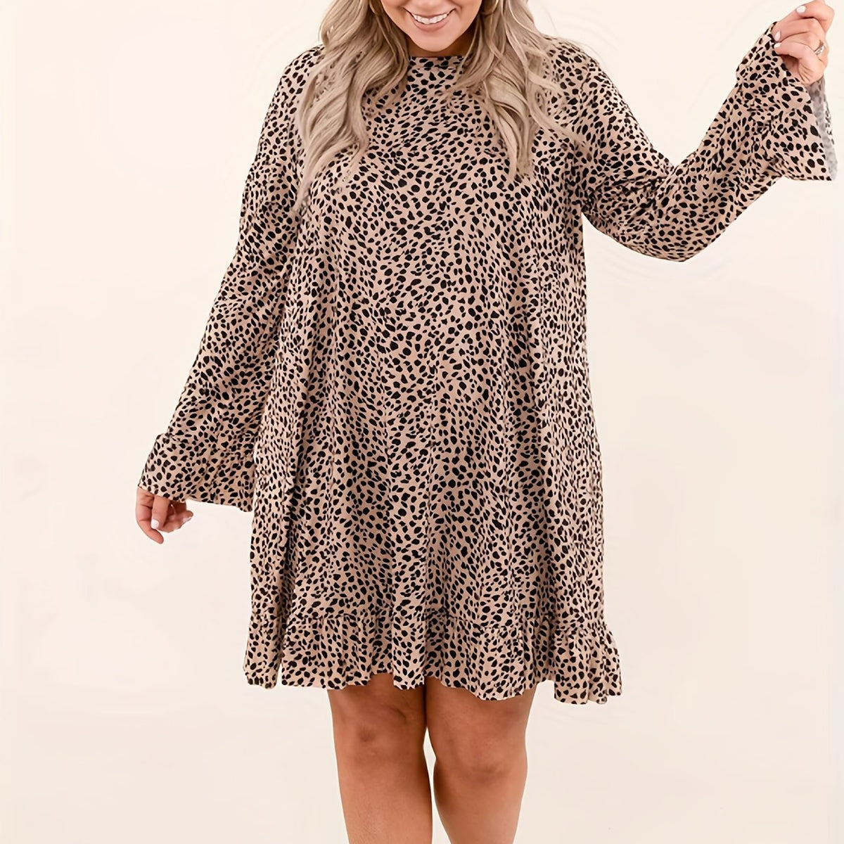  Leopard Print Ruffle Trim Flounce Sleeve Dress