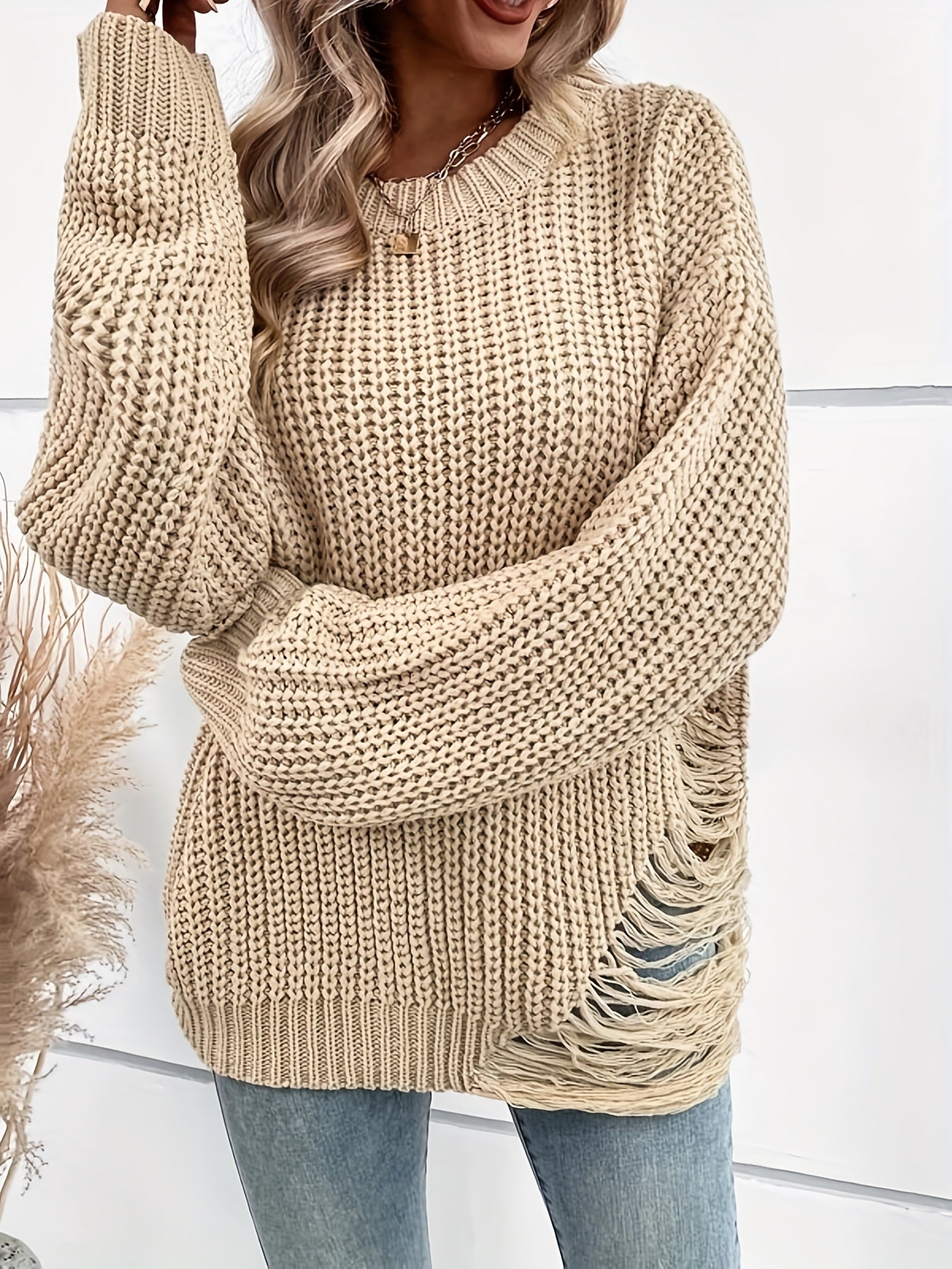  Solid Ripped Long Sleeve Round Neck Jumper