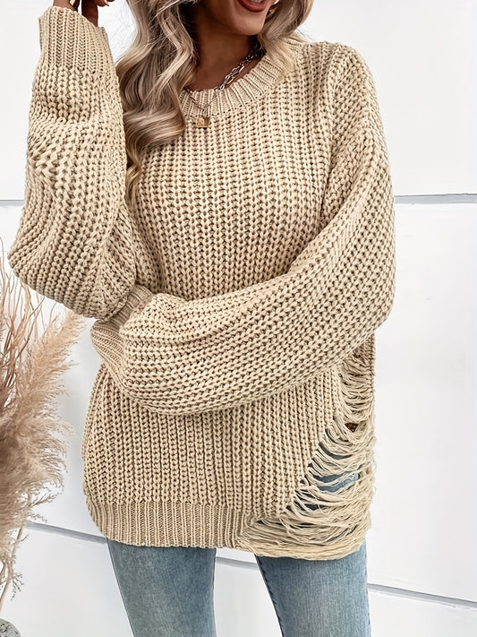  Solid Ripped Long Sleeve Round Neck Jumper