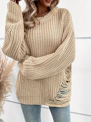  Solid Ripped Long Sleeve Round Neck Jumper