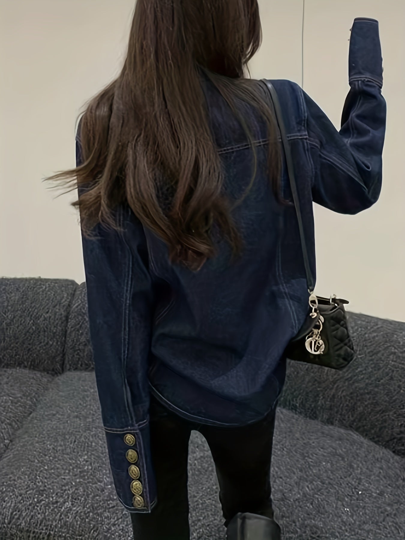 Dark Lapel Denim Jackets Long Sleeves Button Closure Loose Fit