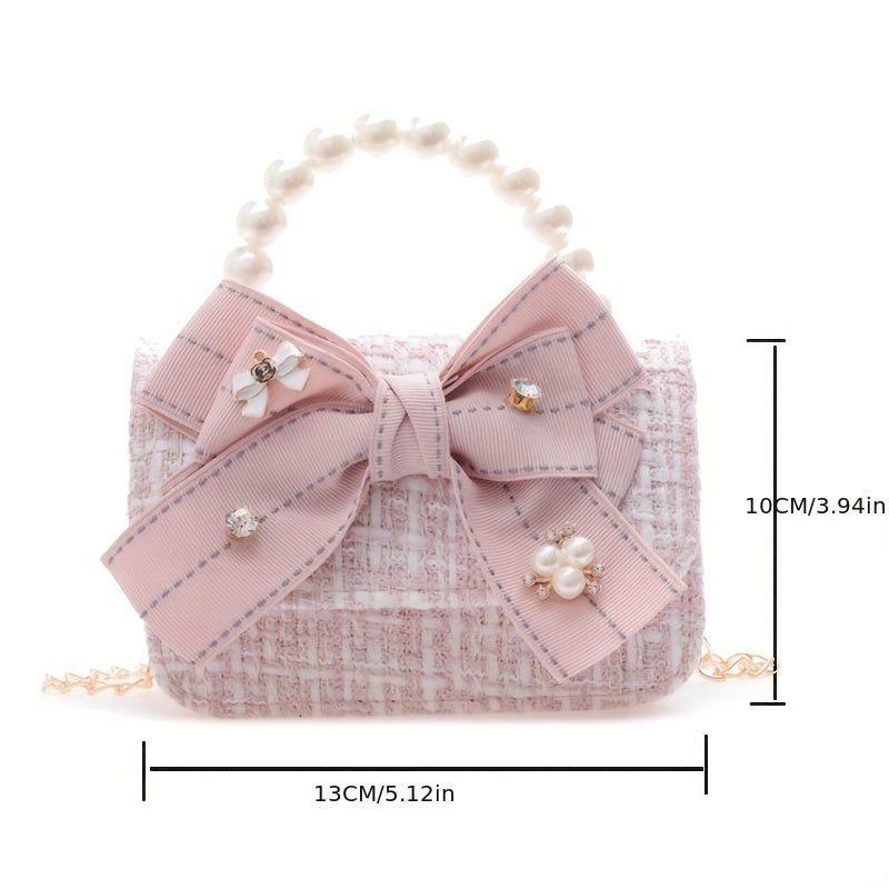 Kids Mesh Bow Handbag w/ Faux Pearl Handle Mini Messenger Bag