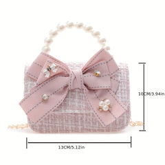 Kids Mesh Bow Handbag w/ Faux Pearl Handle Mini Messenger Bag