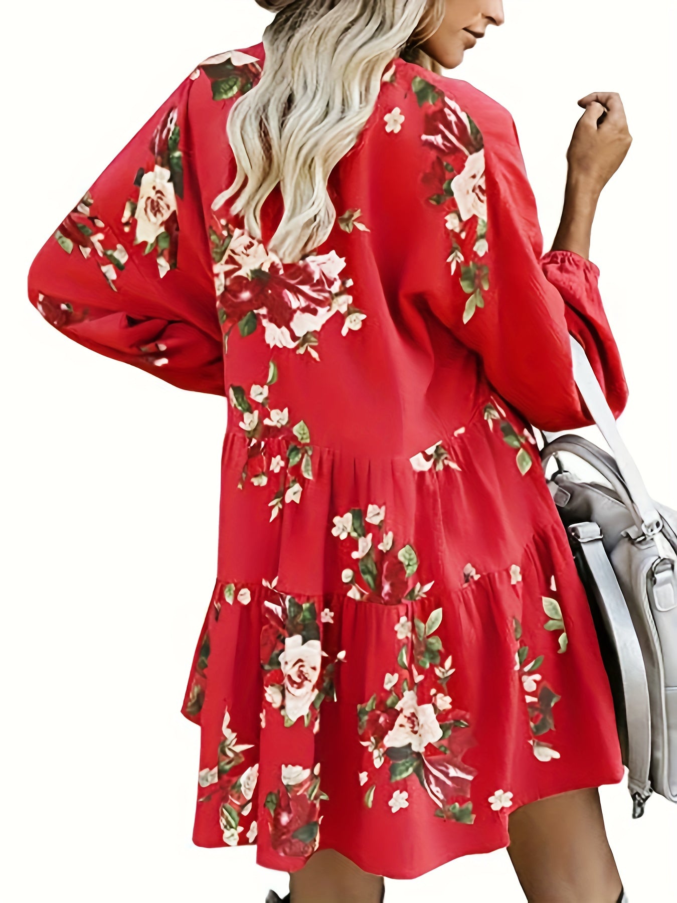  Floral Print Lantern Sleeve V Neck Smock Mini Dress