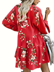  Floral Print Lantern Sleeve V Neck Smock Mini Dress