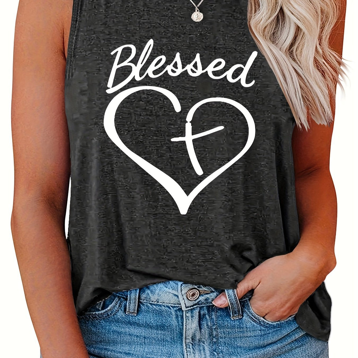  Cross In Heart Print Round Neck Tank Top