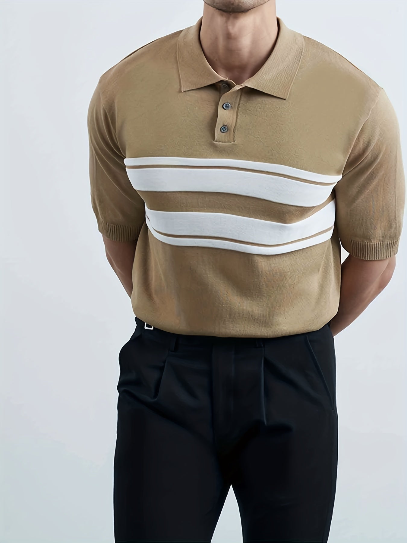 Striped Pattern Knit Short Sleeves Polo Shirt Men's Casual Lapel High Stretch