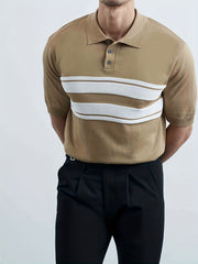 Striped Pattern Knit Short Sleeves Polo Shirt Men's Casual Lapel High Stretch