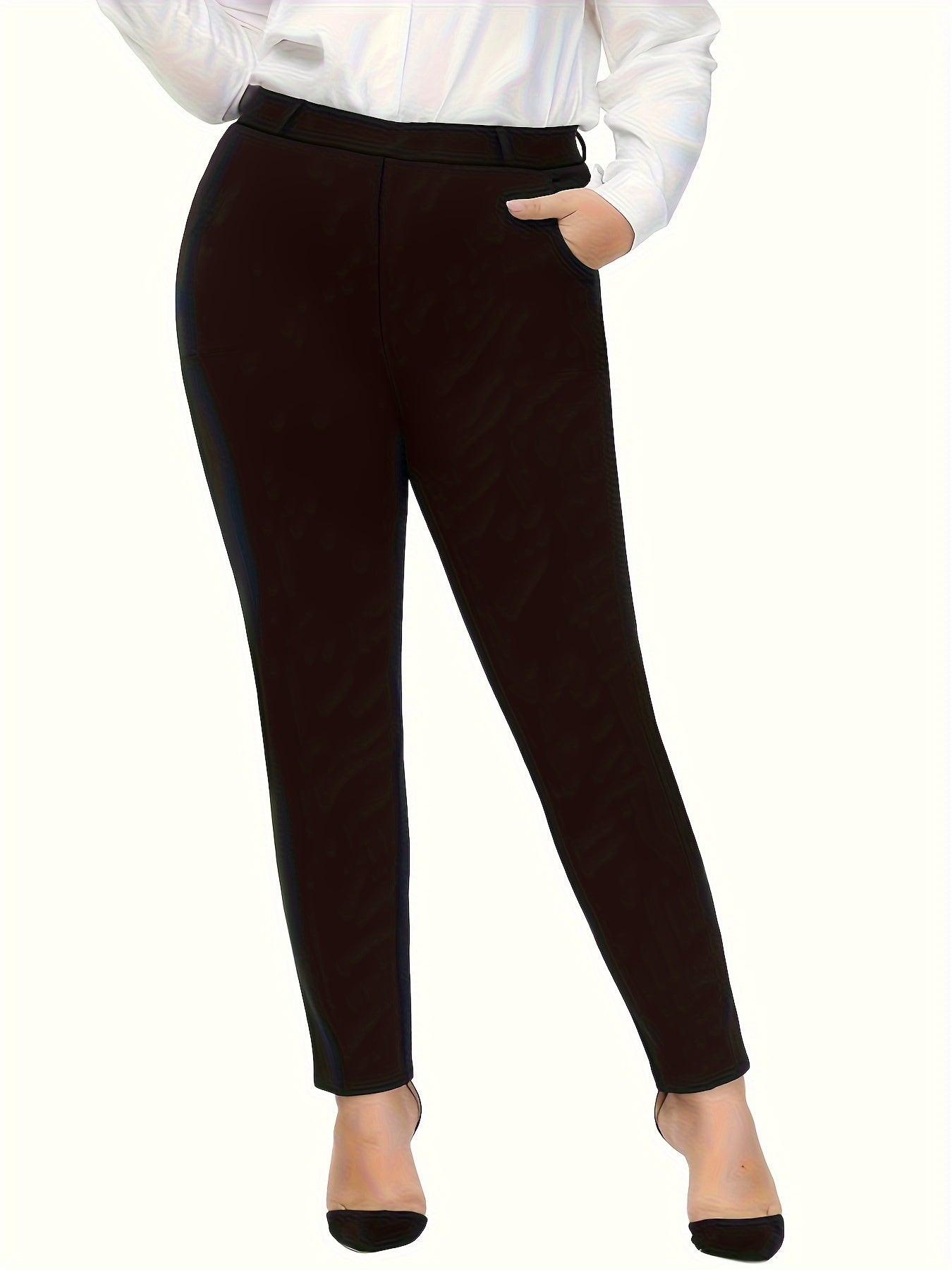 Women's Plus Solid Elastic Stretch Trousers With Pockets