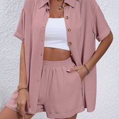 Casual Solid Two piece Set Button Front Blouse & Elastic Shorts Outfits