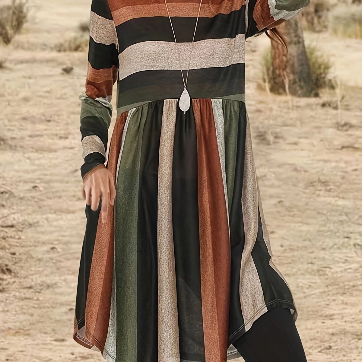  Colorblock Stripe Print Long Sleeve Round Neck Dress