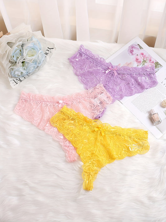 3 Pack Plus Size Sexy Panties Set Lace Bow Detail See Through Underwear