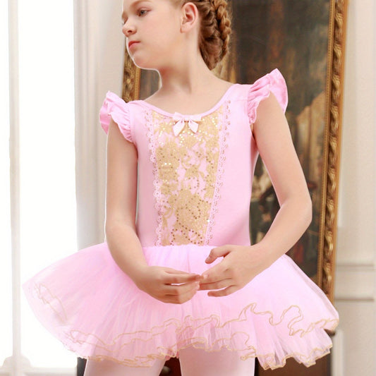Cotton Ballet Leotard with Flower Embroidery Flutter Trim
