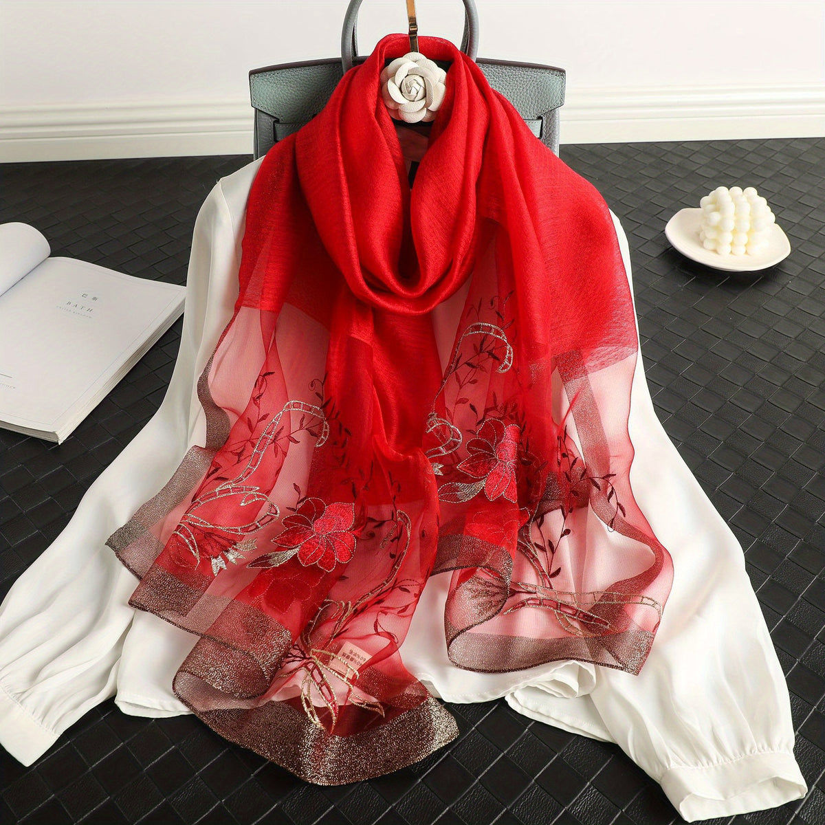 Flower Embroidery Silk Blend Scarf Solid Shawl Breathable Windproof Head Wrap