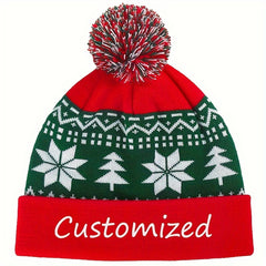 Personalized Christmas Knit Beanie Hat with Snowflake & Tree Embroidery