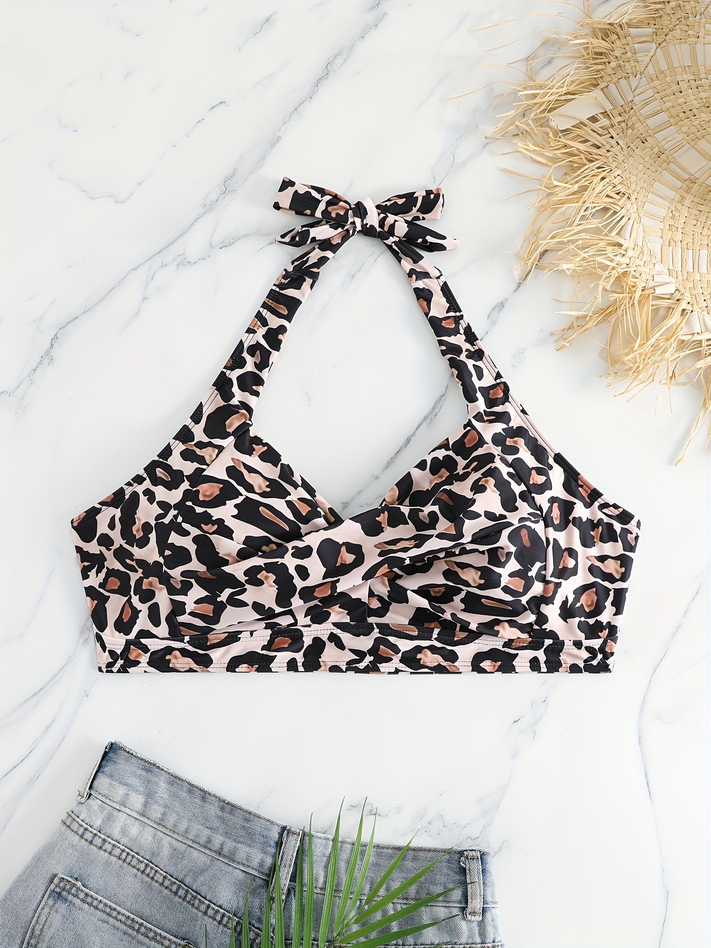  Leopard Print Cross Front Bikini Top