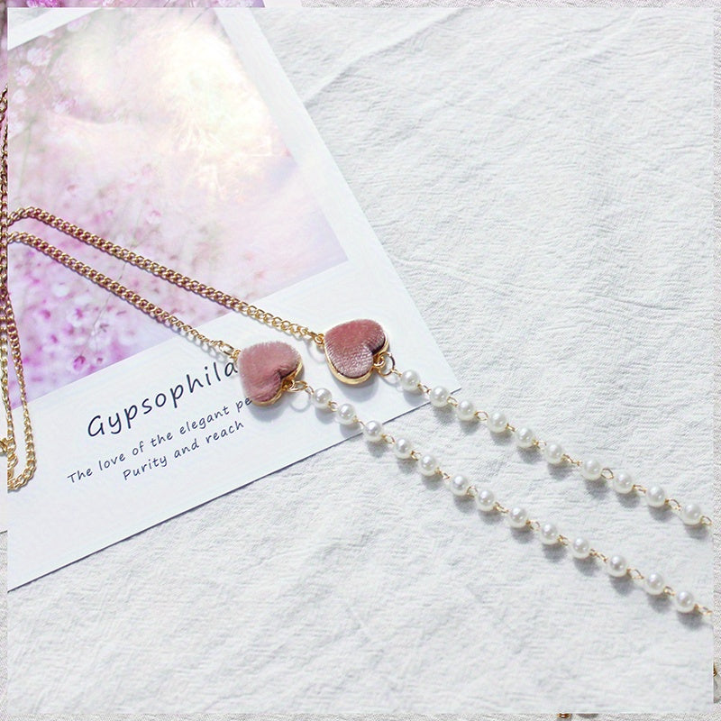 Velvet Double Heart Pendant Mask Chain with Faux Pearl Detail
