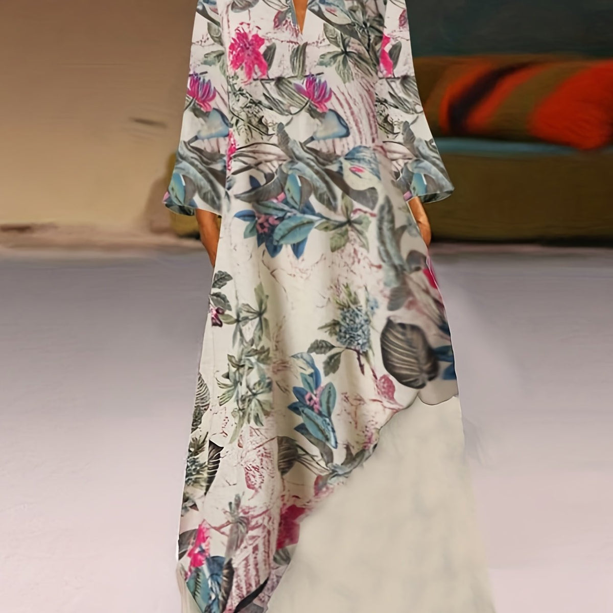  Colorblock Tropical Print Maxi Dress