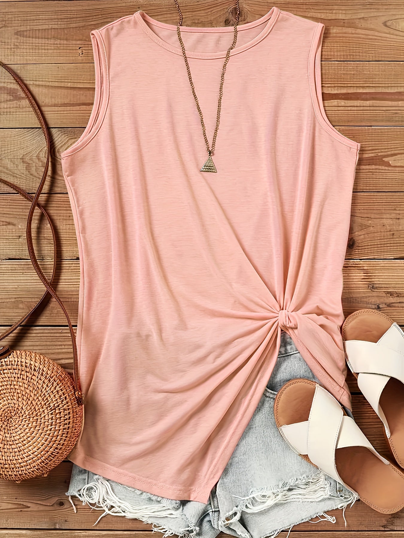  Solid Twist Front Round Neck Tank Top