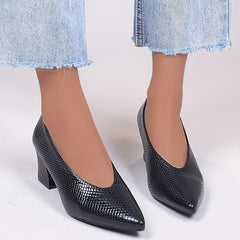 Women's Snakeskin Pattern Court Pumps Slip-On Chunky Heels